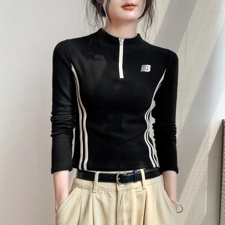 拉链半开领美式运动风长袖T恤女秋季新款修身德绒外穿内搭上衣