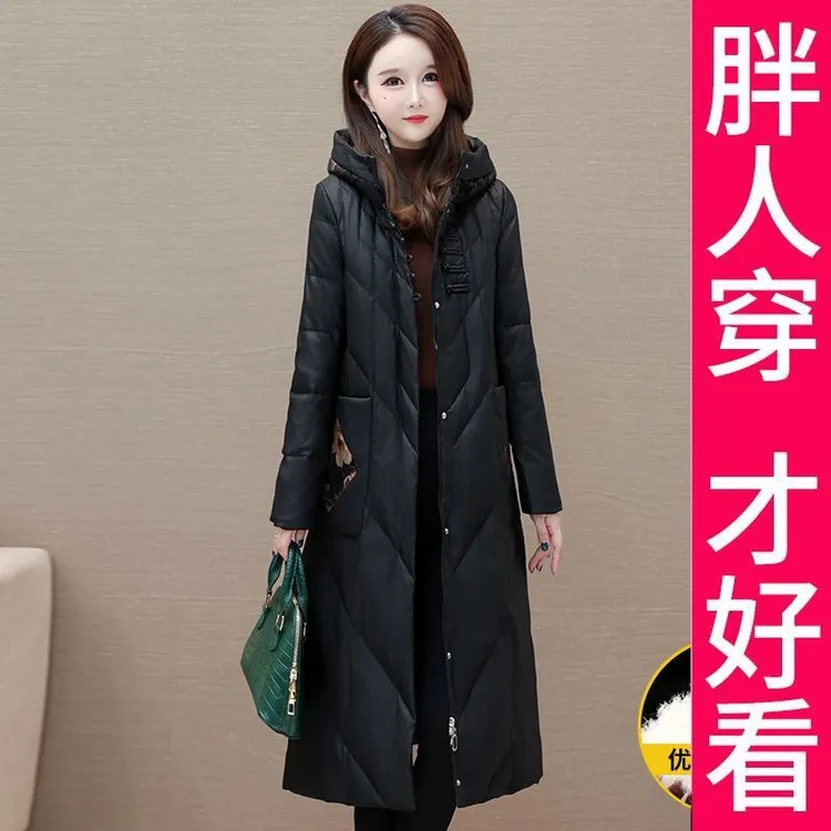 200斤高档大码气质连帽羽绒服女冬中长款时尚减龄保暖白鸭绒外套