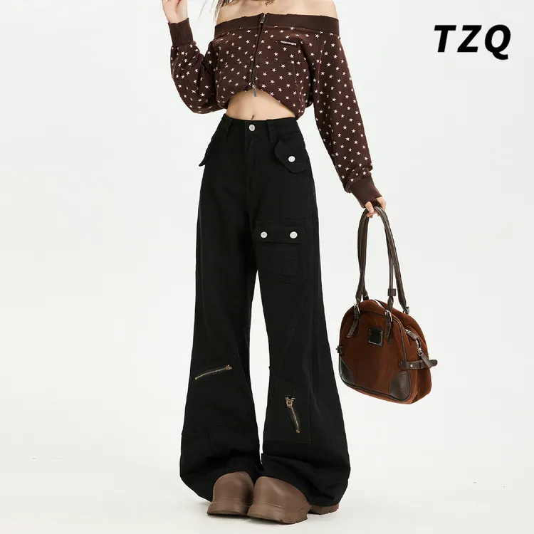 美式工装微喇牛仔裤女款爆款2025新款秋季高腰显瘦多口袋喇叭裤子