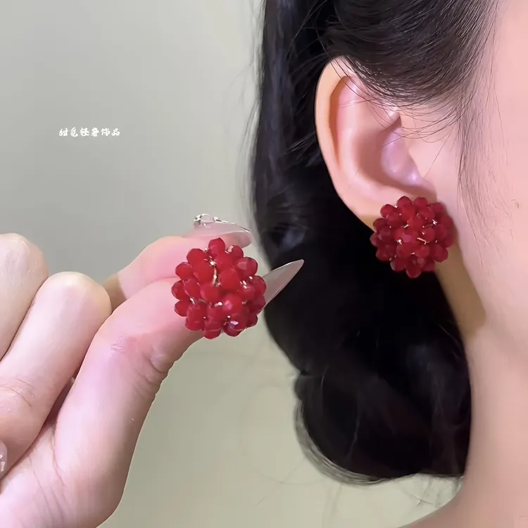 铜合金仿水晶耳饰 一颗小树莓～复古红锥圆形串珠耳钉手工时尚气质