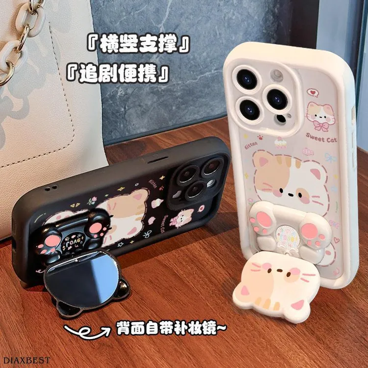 适用苹果oppo华为vivo小米|卡通猫咪旋转镜子支架卡通全包手机壳
