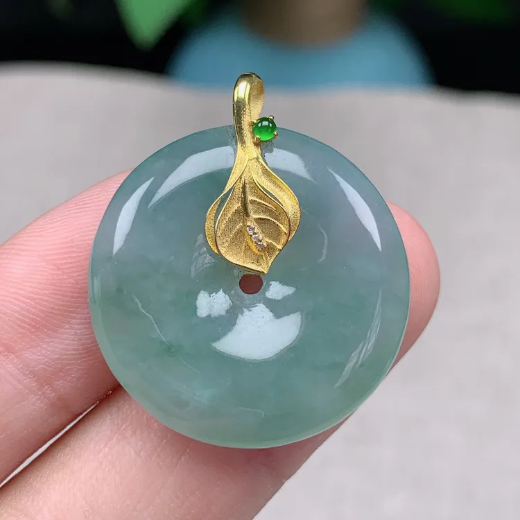 j缅甸天然翡翠A货30.5-26.2-5.5玉石冰种飘花平安扣吊坠礼物镶嵌