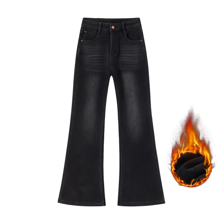 加绒黑灰-直筒微喇牛仔裤-加绒冬季女款加绒牛仔裤显瘦弹力微胖女