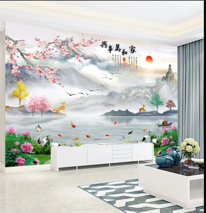 客厅新中式电视背景墙墙布壁画8D立体家和万事兴山水影视墙布壁画