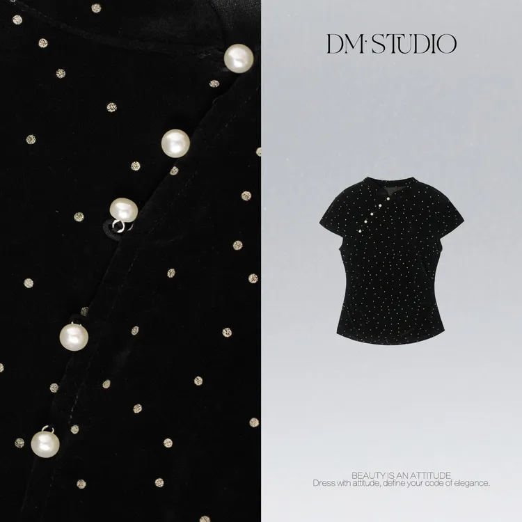 DEDM•STUDIO/气质减龄精致钉珠斜襟波点植绒衬衣2508CS/613970