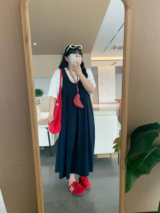 胖MM夏季中袖T恤可两穿背带裙两件套显瘦减龄一整套穿搭