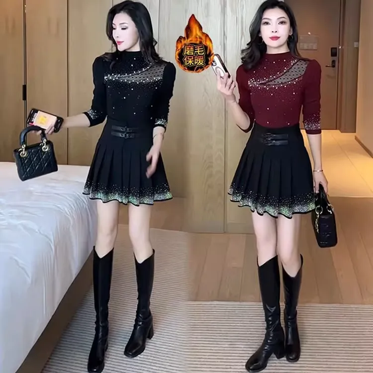 时尚套装女2025秋冬新款时髦洋气烫钻磨毛长袖打底衫半身裙两件套