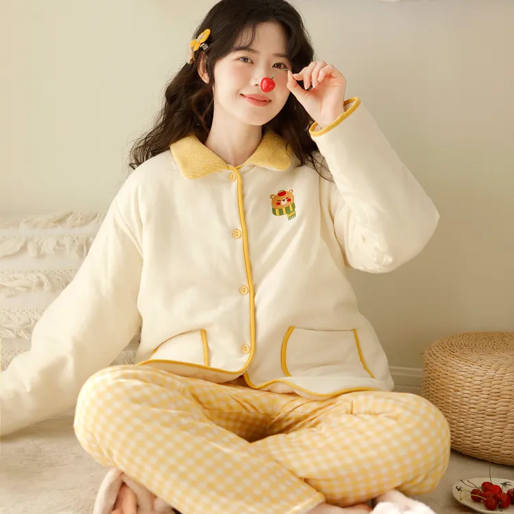 『格子小熊』富朵三层夹棉坐月子棉袄冬季产后加绒加厚保暖孕妇睡衣