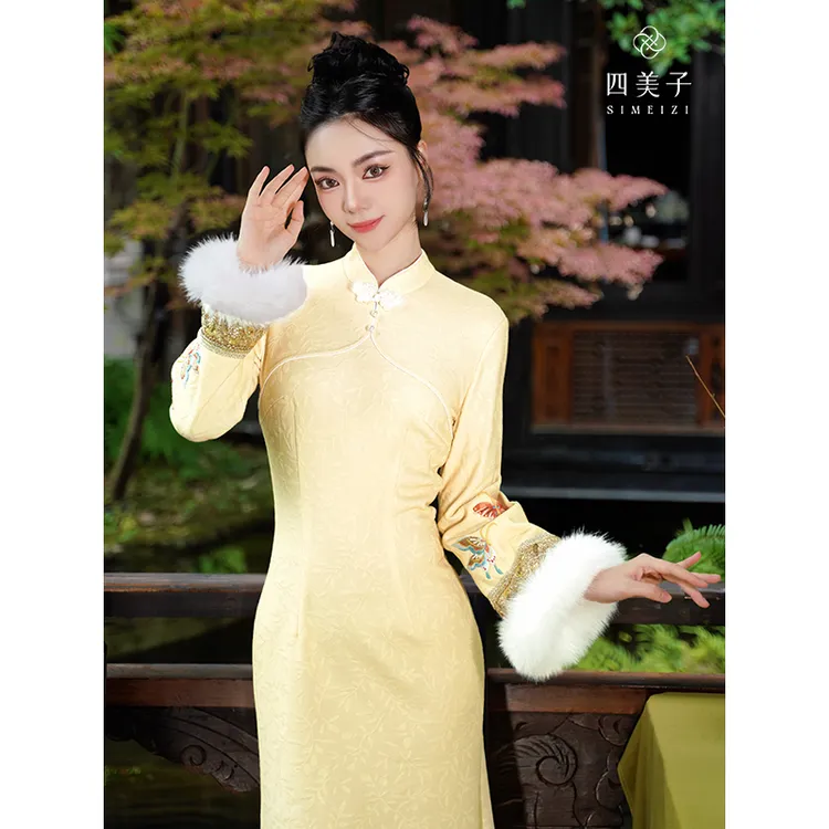 四美子【金雨蝶】冬季新款加厚加绒温暖气质显瘦收腰改良旗袍连衣裙