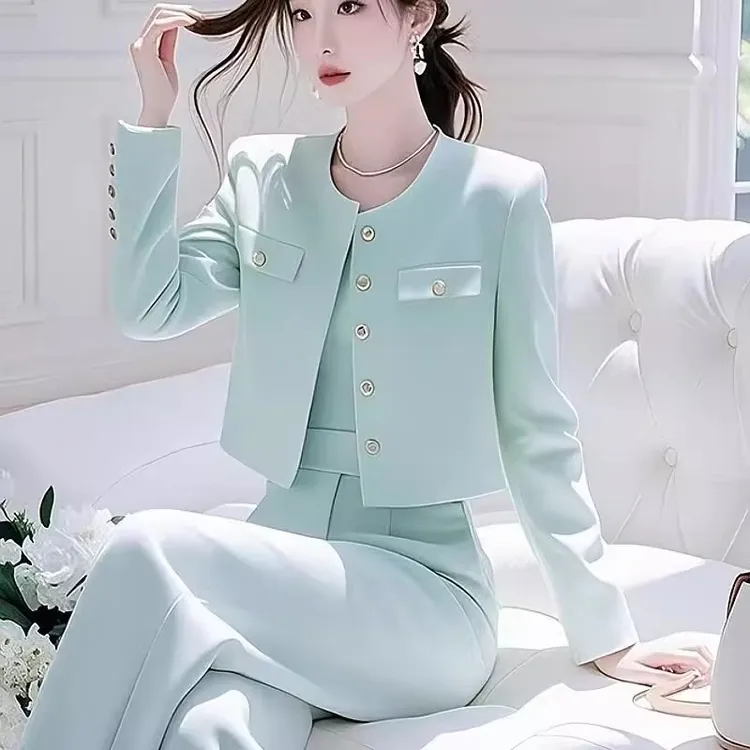 韩系搭配一整套小香风白色外套阔腿裤套装气质名媛高端两件套春季