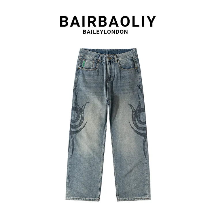 BAIRBAOLIY美式潮牌设计感龙纹图腾印花做旧复古宽松直筒牛仔长裤