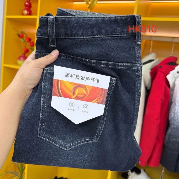 HK810秋冬时尚经典五袋款棉弹牛仔裤男刺绣中腰直筒舒适保暖百搭
