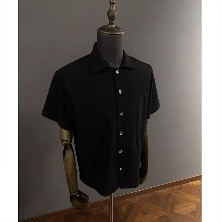 花卉褶皱天丝混纺短袖衬衫夏季纯色设计感轻熟风休闲半袖衫衣男款