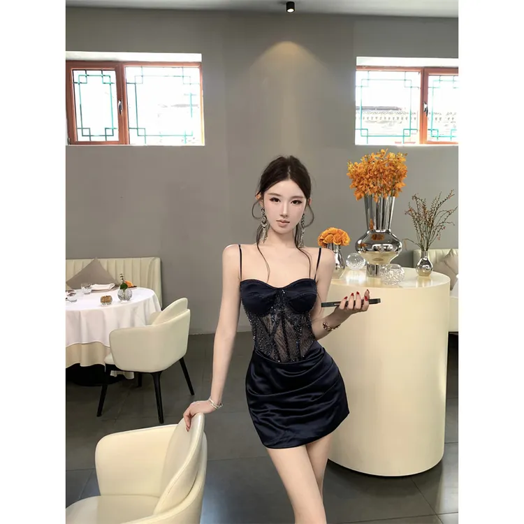 法式气质轻奢风性感吊带珠片网纱鱼骨连衣裙女包臀裙抹胸拼接裙子