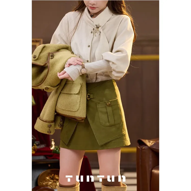 吞吞穿搭日记【斜切心机 绿色】精致摩登 A字显瘦半裙