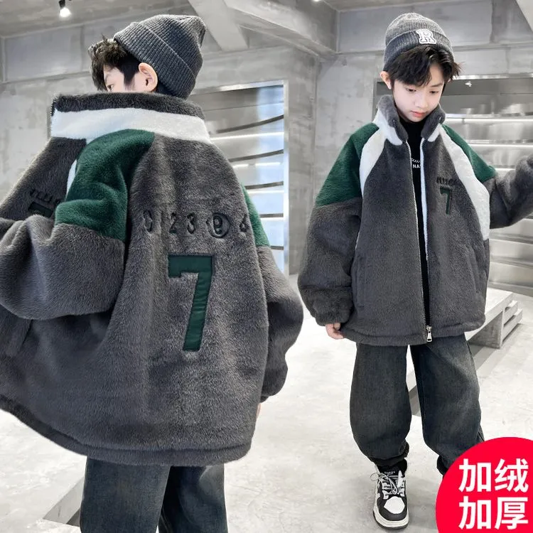 儿童装男童冬装加绒外套秋冬款2024新款男孩中大童夹棉加厚羊羔绒