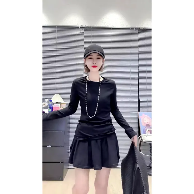 夏季新款简约风百搭纯色薄款露背长袖T恤短裙两件套装