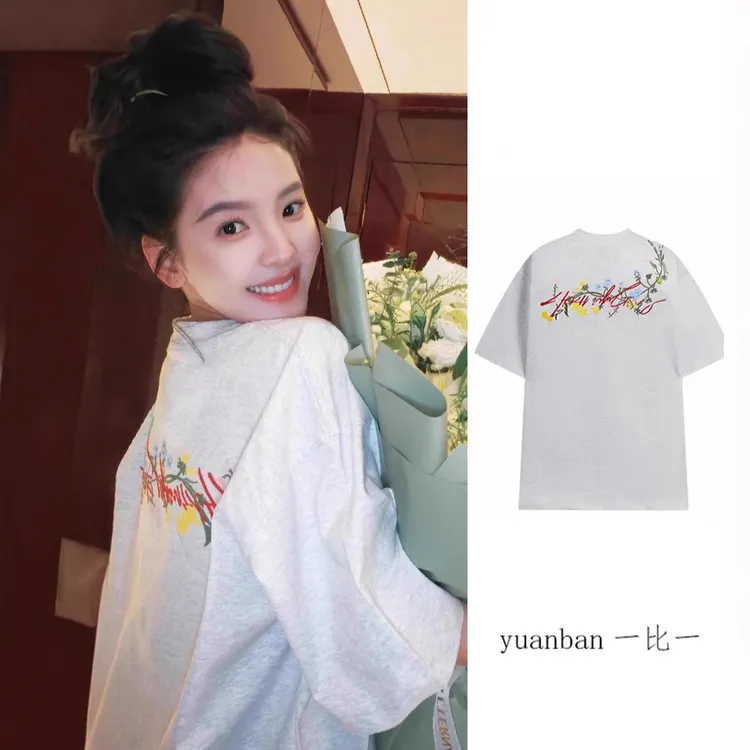 高品质章若楠明星同款美式新款花卉刺绣t恤女夏设计感宽松上衣