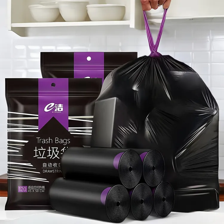 e洁垃圾袋手提式加厚加大家用厨房黑色特厚一次性免撕抽绳塑料袋