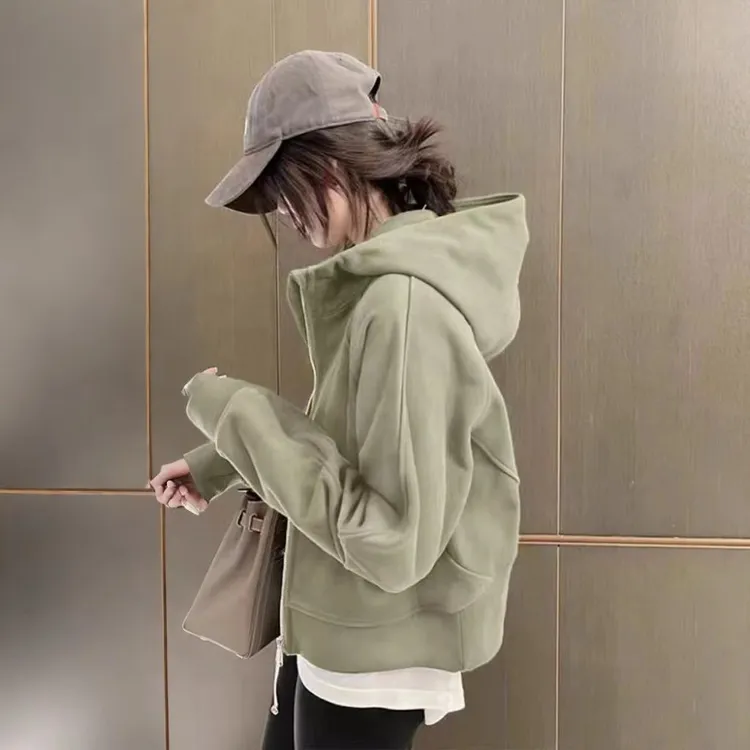 秋冬新款LULU纯色慵懒风小个子宽松拉链鱼骨连帽开衫女士卫衣外套