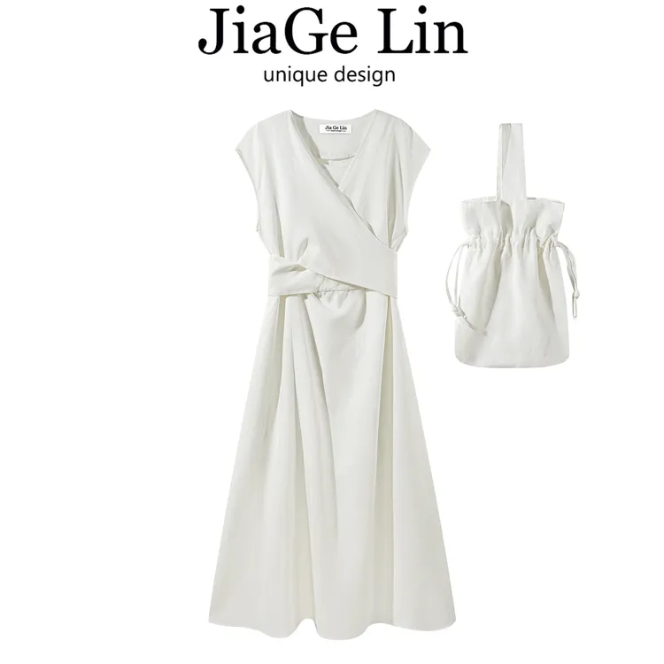 JiaGeLin韩系简约气质V领小飞袖绑带收腰连衣裙女夏修身显瘦长裙