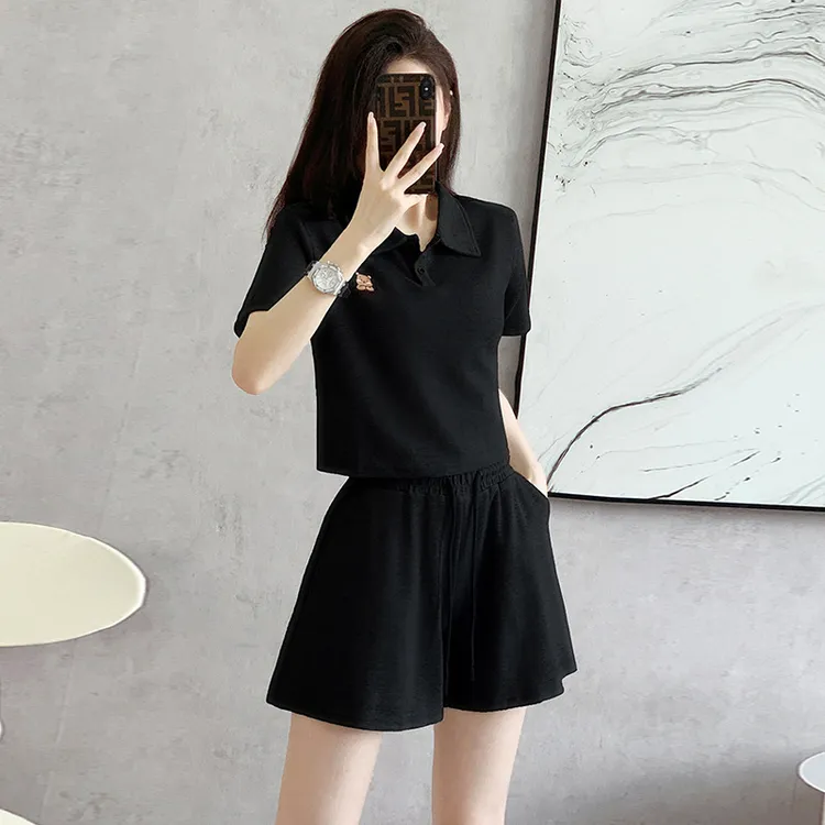 黑色运动套装女夏季2025新款宽松洋气减龄休闲两件套潮百搭短裤