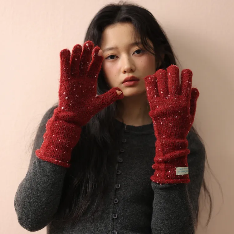 红色长款彩点保暖手套女冬季滑雪旅行可触屏五指手套时尚骑行手套