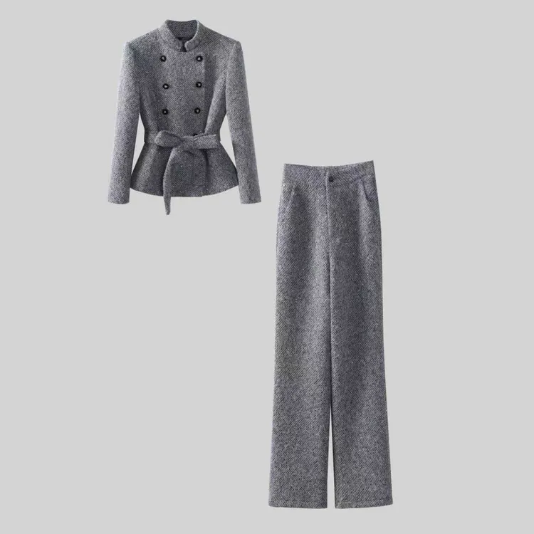 〈纪朵研〉1567冬季加棉复古时尚套装阔腿裤小香风秋冬连衣裙气质