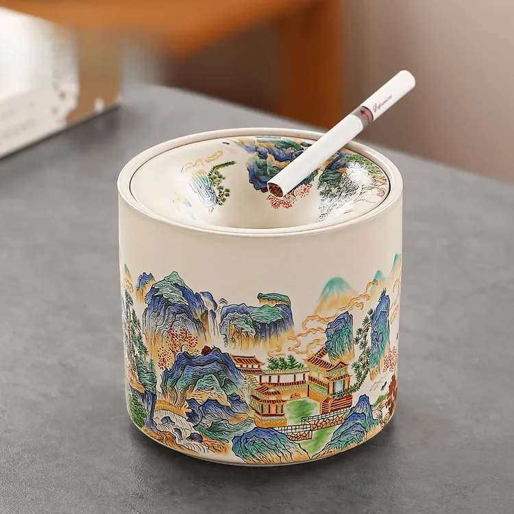 千里江山汝窑烟灰缸带盖防飞灰办公室烟盅家用中式漏斗烟灰缸