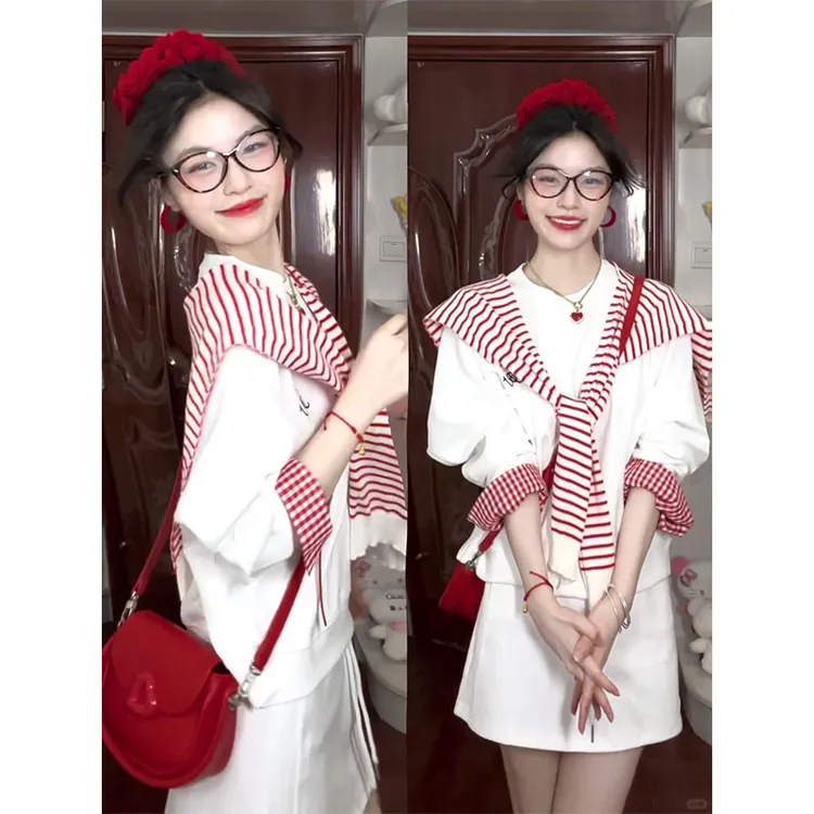 2025秋季新款圆领长袖拼接设计感显瘦百搭小众上衣韩系短裙