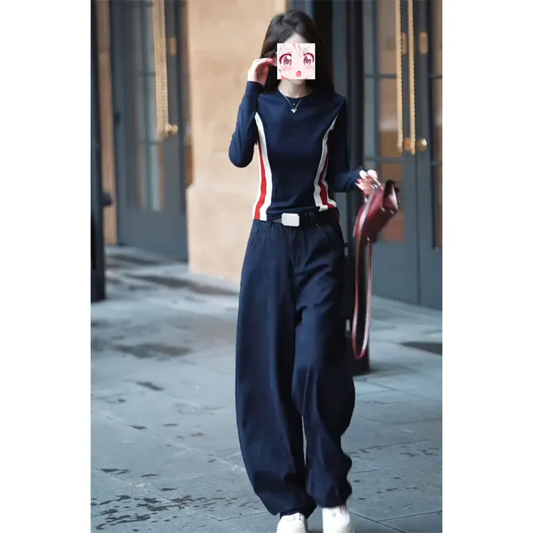 拼接设计秋季圆领长袖t恤打底衫高腰窄版阔腿裤子高级感两件套装