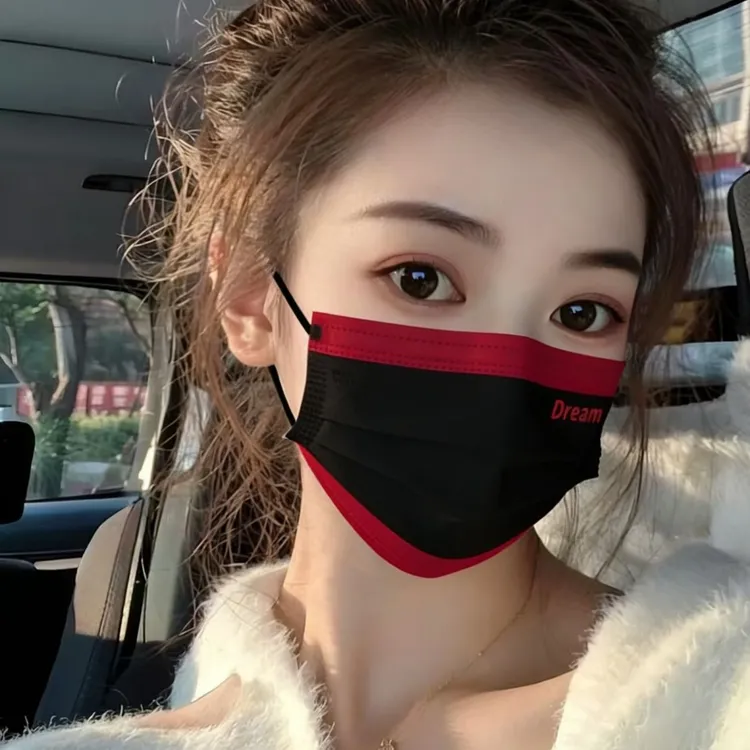潮流撞色高颜值时尚三层防护一次性彩色个性潮款口罩红色印花口罩商品图