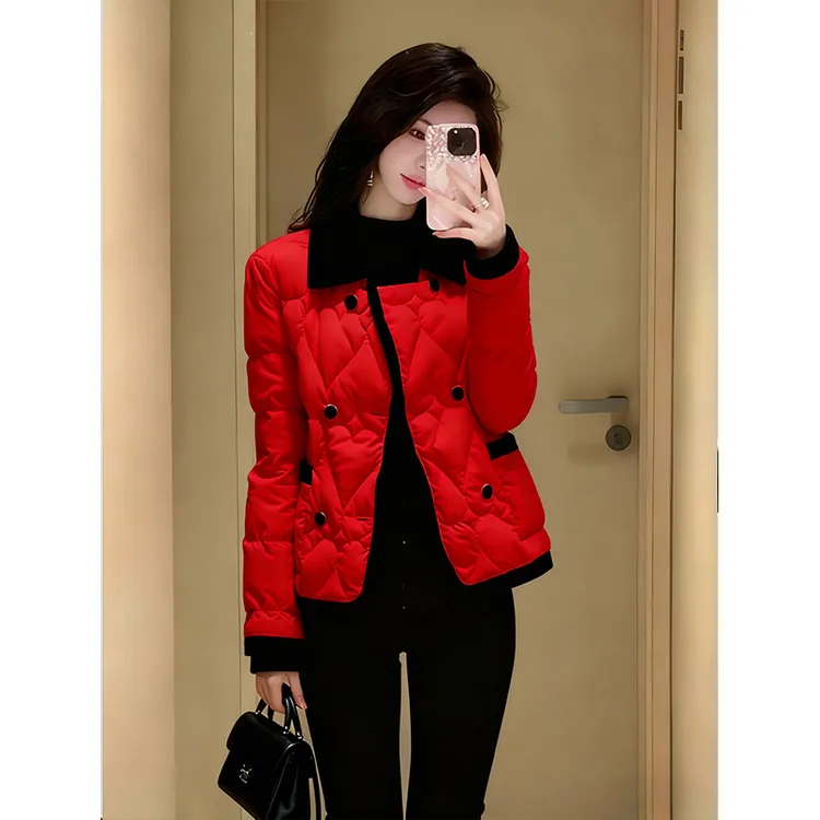 红色棉服外套女款初冬高端时髦洋气名媛小香风超好看翻领加厚棉衣