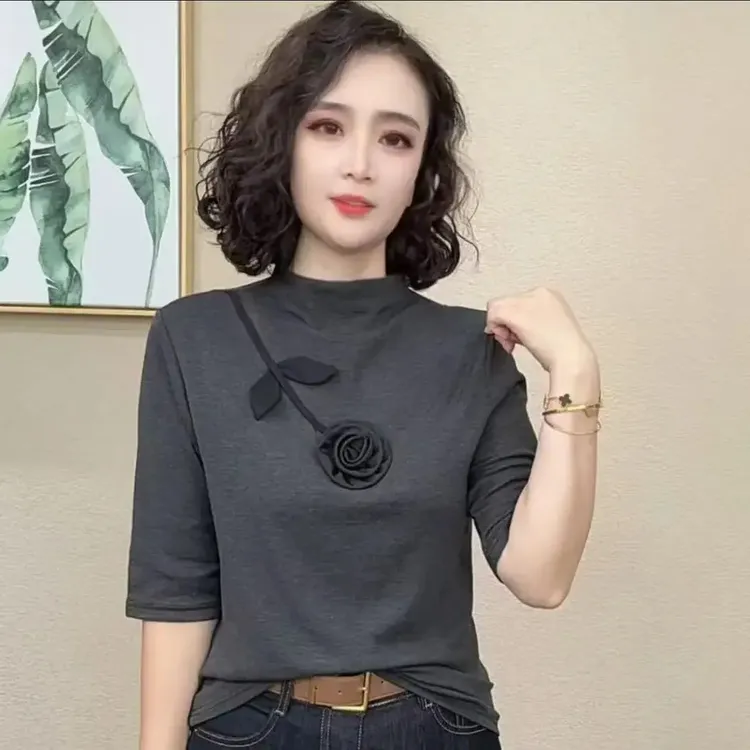 2025新款时尚洋气百搭减龄中领气质中袖女上衣#858