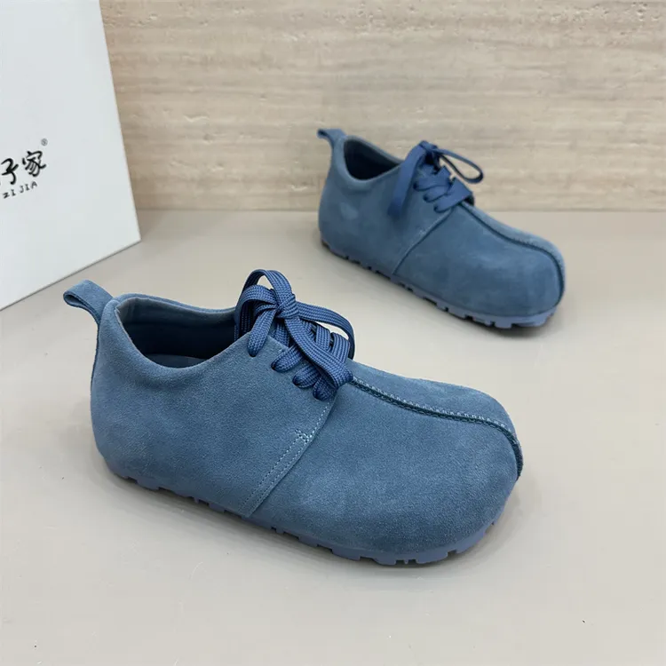 女款休闲百搭蓝色豆豆鞋舒适时尚透气软底春季平底系带新款潮流鞋