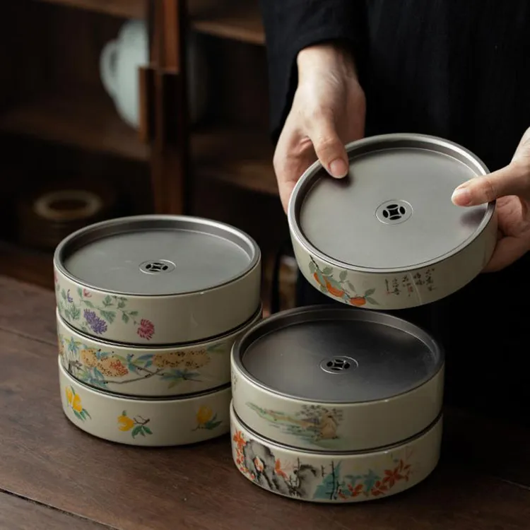 锡盖陶瓷蓄水茶盘功夫茶具工笔画花鸟双层简约彩绘壶承干泡茶台