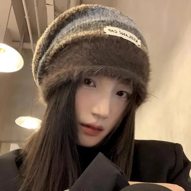 美拉德毛绒包头针织堆堆帽子女秋冬季大头围防寒保暖百搭毛线帽潮