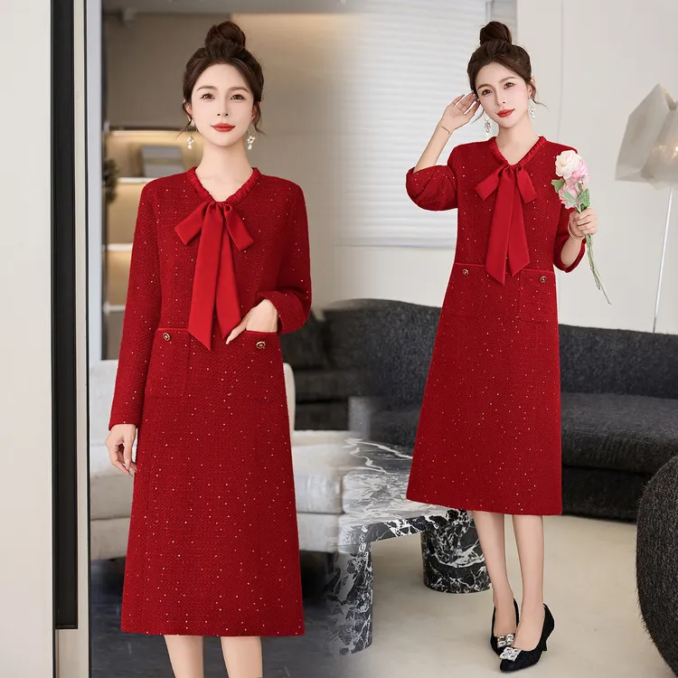 法式小香风红色连衣裙女2026春秋新款高级感气质遮肚子显瘦打底裙