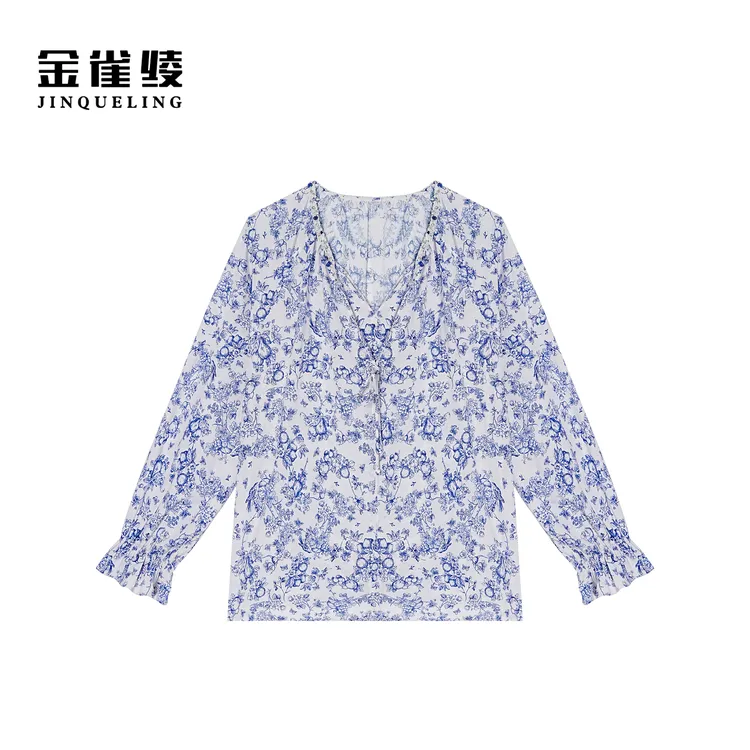 金雀绫【青花桃子】桑蚕丝原创设计满印V领钉珠工艺衬衫SZA1S111