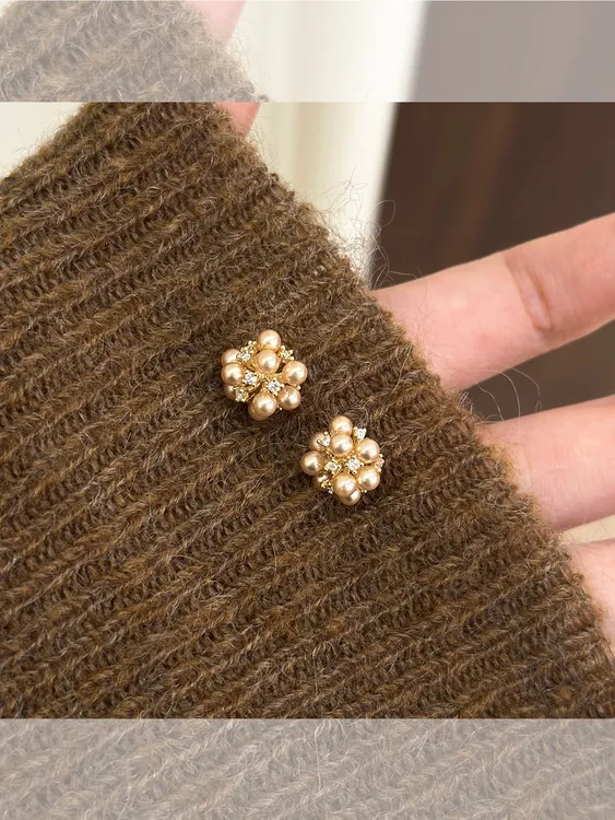 铜合金耳饰 香槟色珍珠锆石烟火耳钉女秋冬轻奢高级气质耳环耳饰