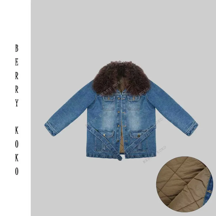 秋冬复古“羊羔毛”翻领内里压格“加棉”工装口袋牛仔棉衣 W142