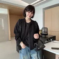 秋冬新款木耳边时尚休闲百搭圆领外套夹克