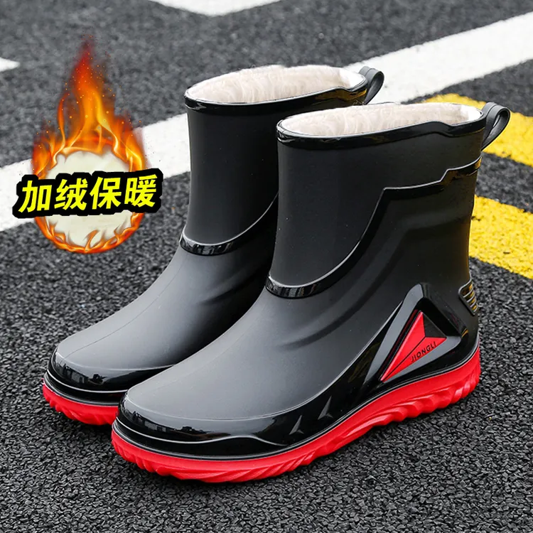 加绒雨鞋男款防水冬季保暖雨靴中筒工地干活水鞋男士骑手钓鱼胶鞋