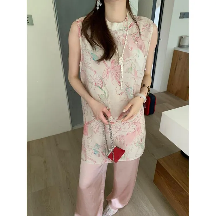 新中式国风女装粉色套装夏季气质高级感轻奢无袖上衣显瘦休闲裤子