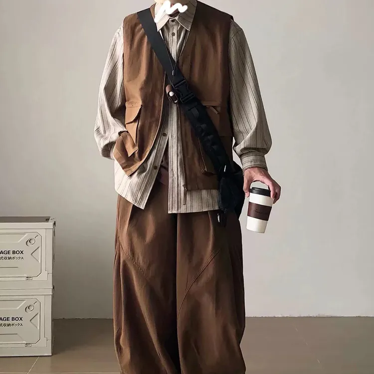 春秋日系风格穿搭复古条纹衬衫马甲男长袖裤子百搭休闲衬衣套装
