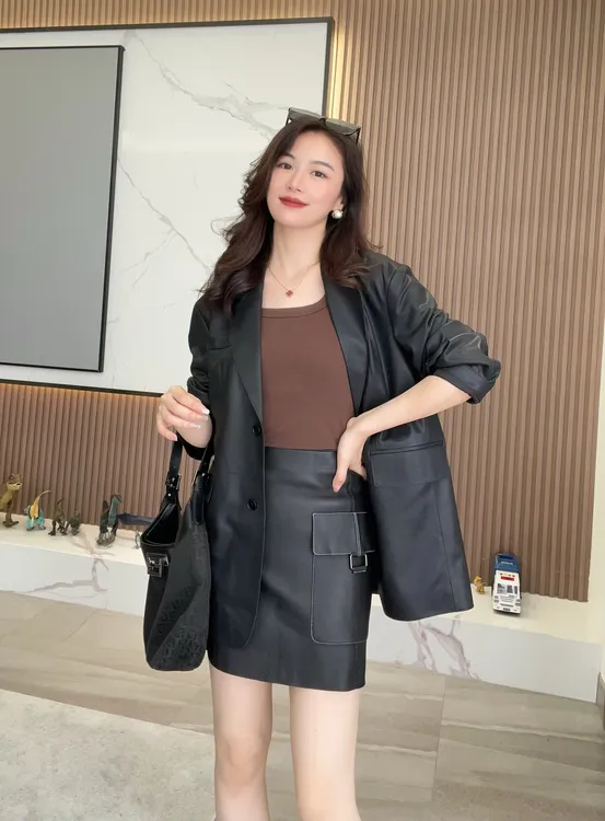 春秋真皮西装领修身纯色气质减龄短款通勤时尚外套-25068