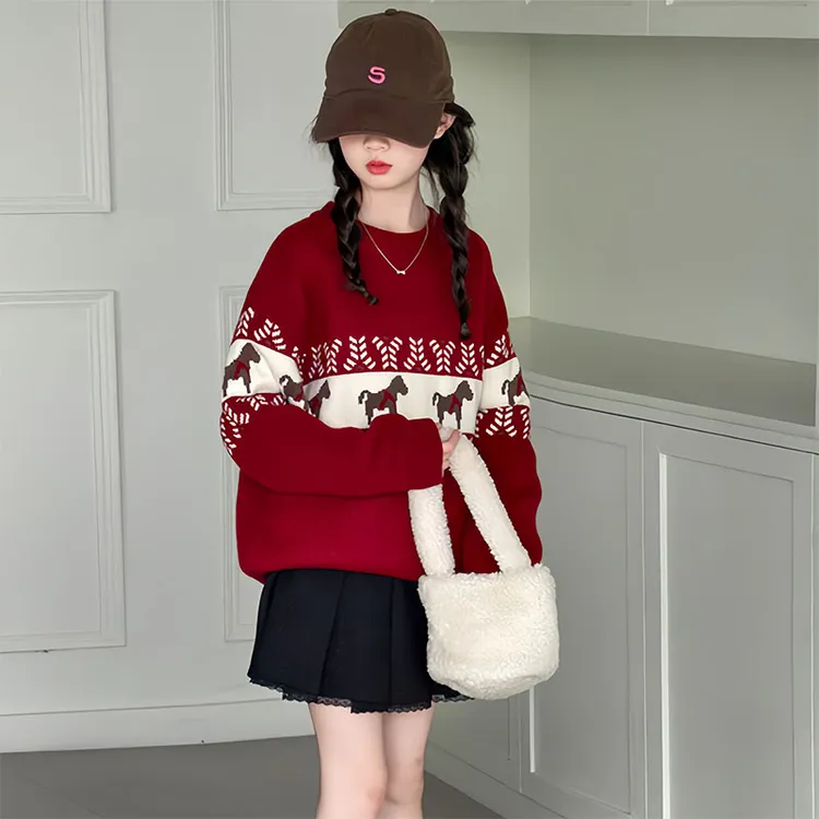 女童装小马毛衣冬季加绒加厚中大童红色本命年韩版套头针织衫百搭