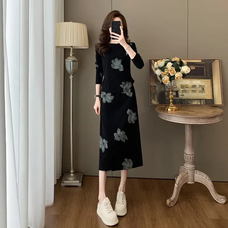 入秋一整套女装显瘦气质时尚洋气休闲印花长袖半身裙子两件套装