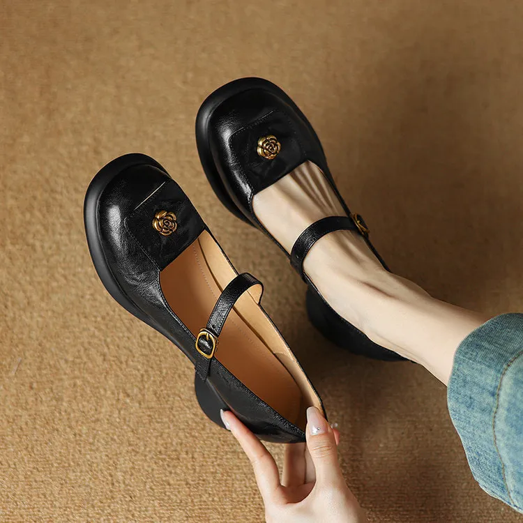 里外纯皮～羊皮5cm复古玛丽珍单鞋时尚厚底山茶花浅口圆头百搭舒适