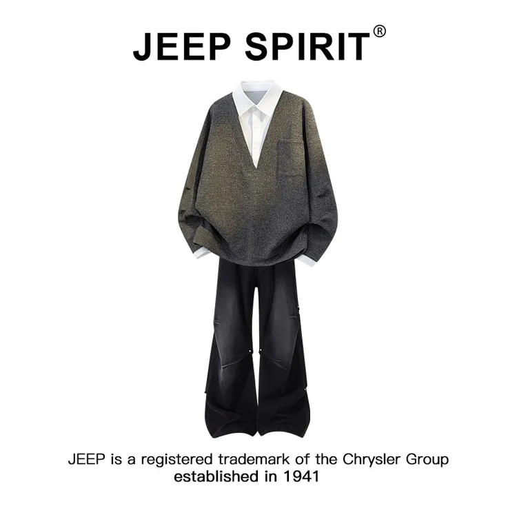 Jeep吉普假两件衬衫领卫衣套装男士春秋款潮流百搭宽松阔腿牛仔裤